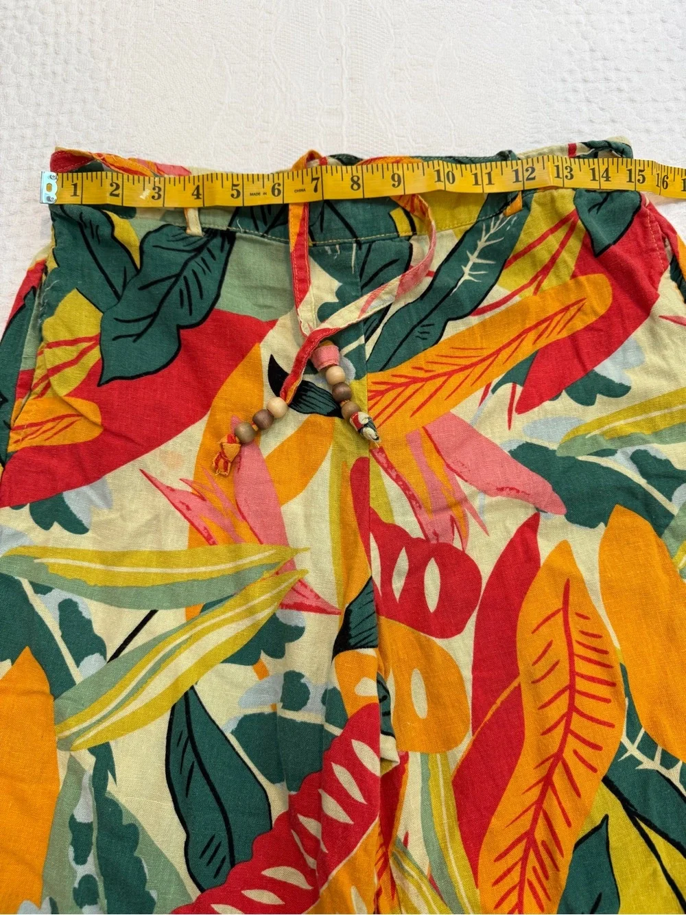 Calligraphie Floral Wide Leg Crop Capri Pants Drawstring Linen Blend Hawaiian M